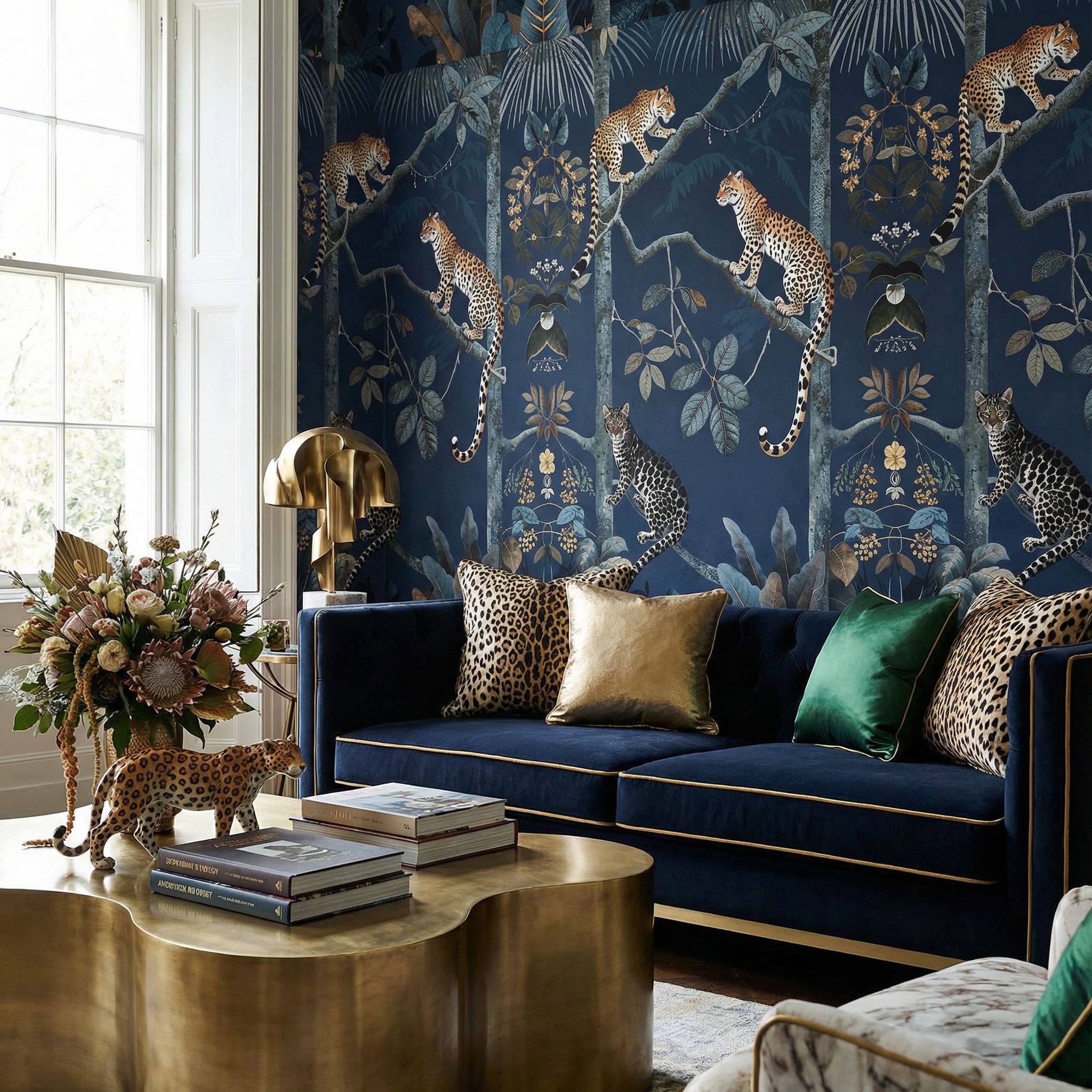Decorative wallpaper accent wall in a luxury living room